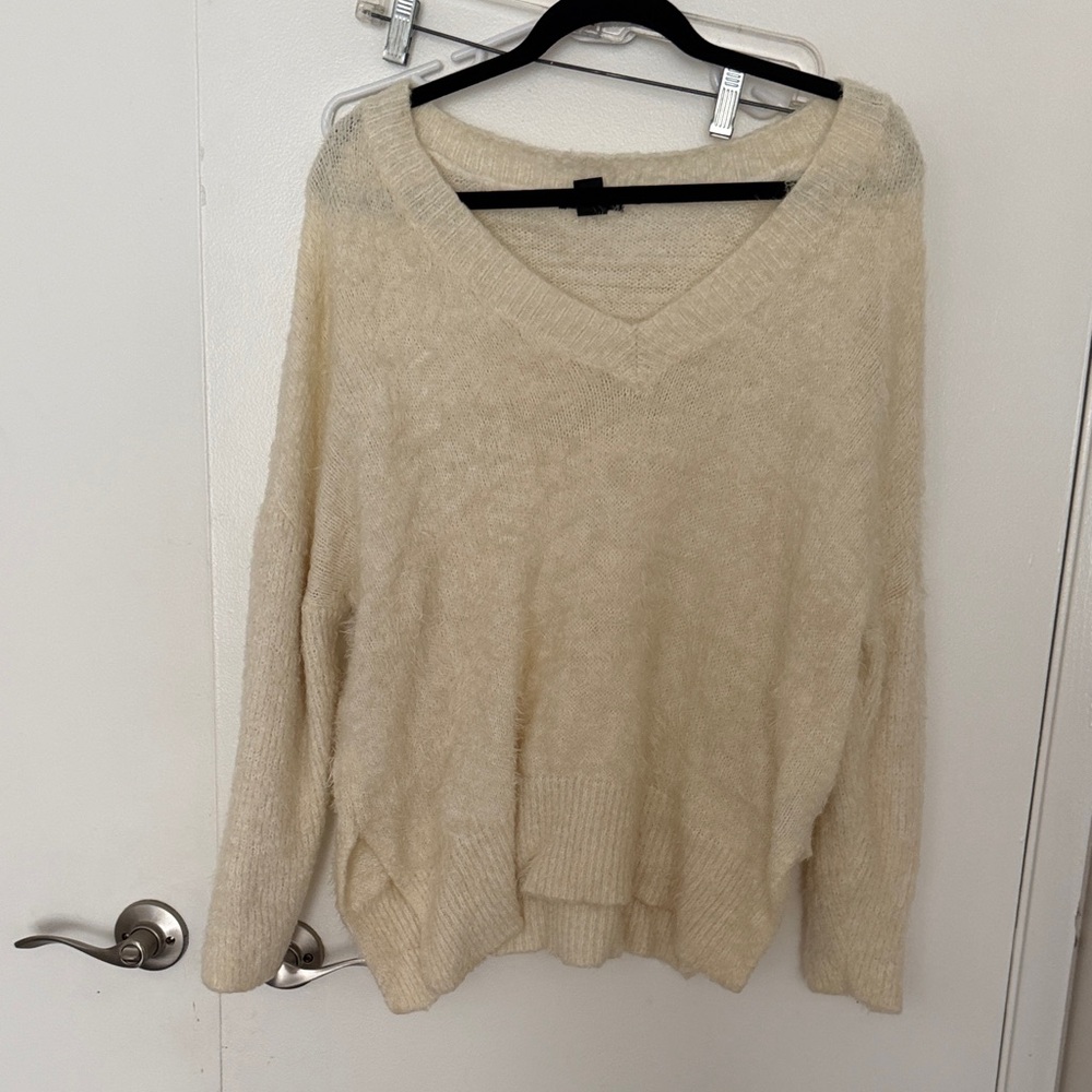 Women's Cream V-Neck Drop Shoulder Sweater